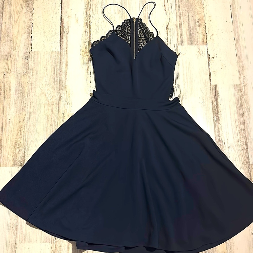 Francesca’s Olive Tree dark Blue Open Back Dress